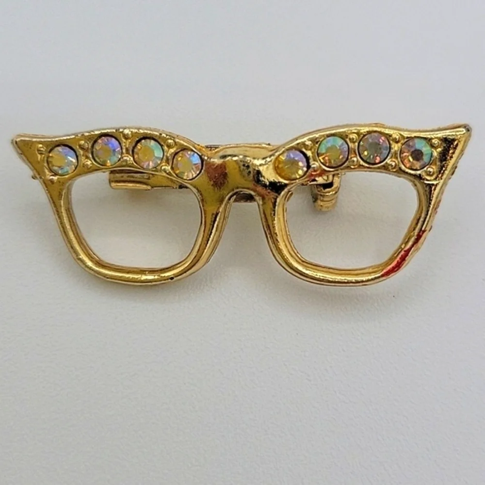 1950'S Brooches 3 Poodles 2 Cat Eye Glasses Aurora Borealis Gold Tone Vintage
